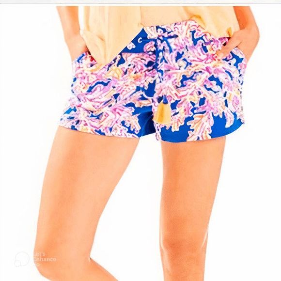 Lilly Pulitzer Small Shorts Yasmin Coral Print Blue Pink Pull On Pockets 1474 - Picture 2 of 9
